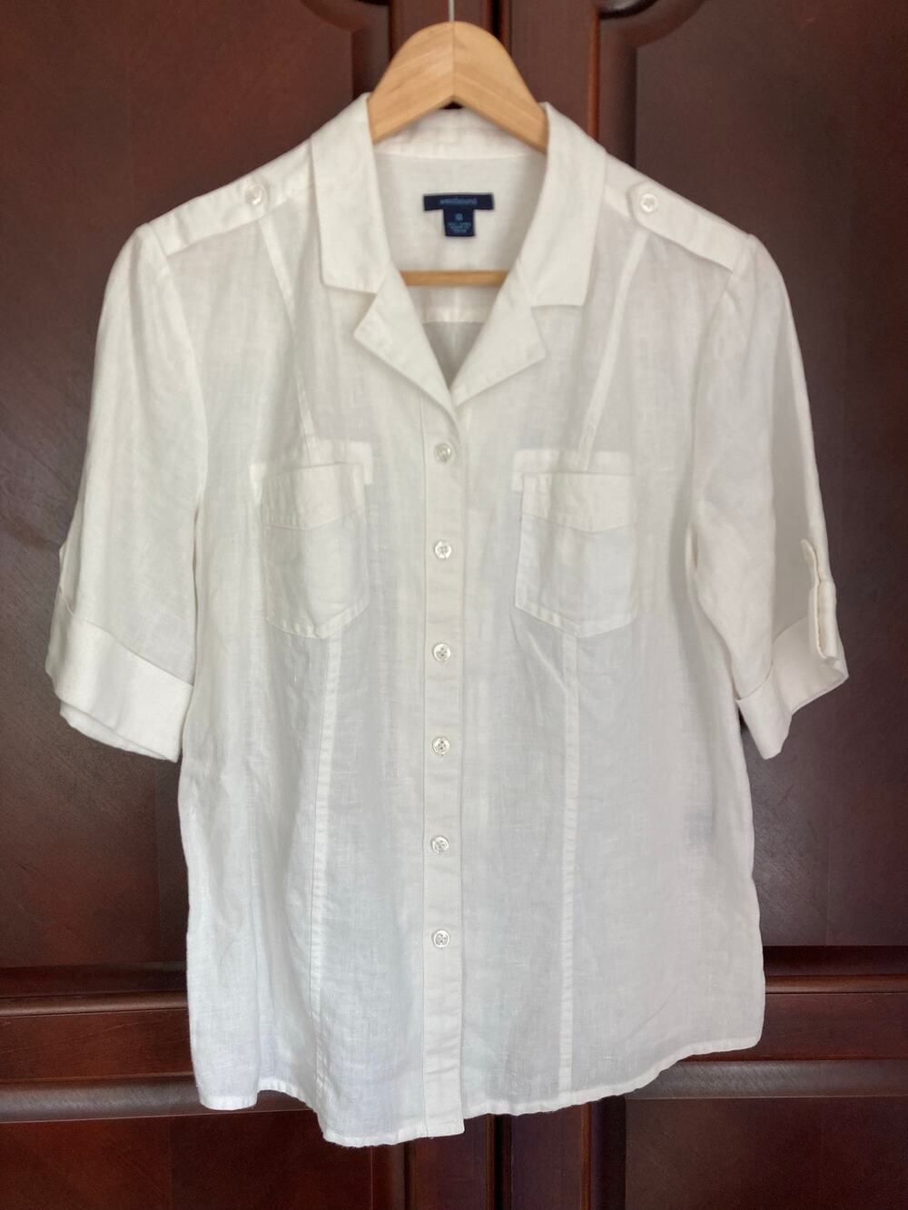 Westbound - Coastal Chic Grandmother White Linen Short Sleeve Button Up Top- 10